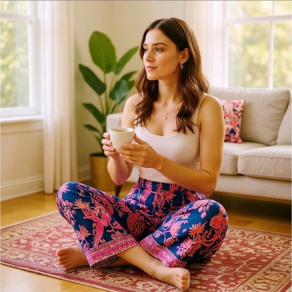 Lilly Pulitzer ✦ Seaside Beach Pants ✦ Pink Navy Blue Tropical Print Rayon S - Picture 5 of 14